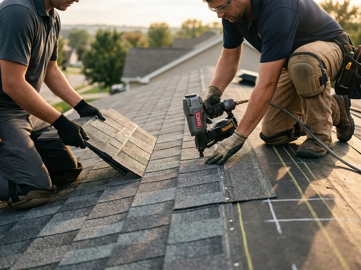 Professional roofer working on a residential roof in Lower Merion